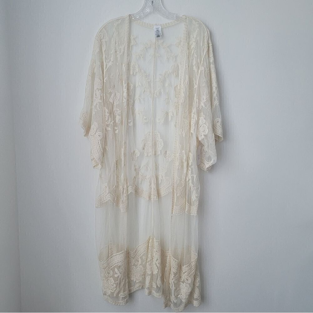 NWT TIME AND TRU Festival Mesh Ivory Embroidery Lace Long Kimono Granola Large